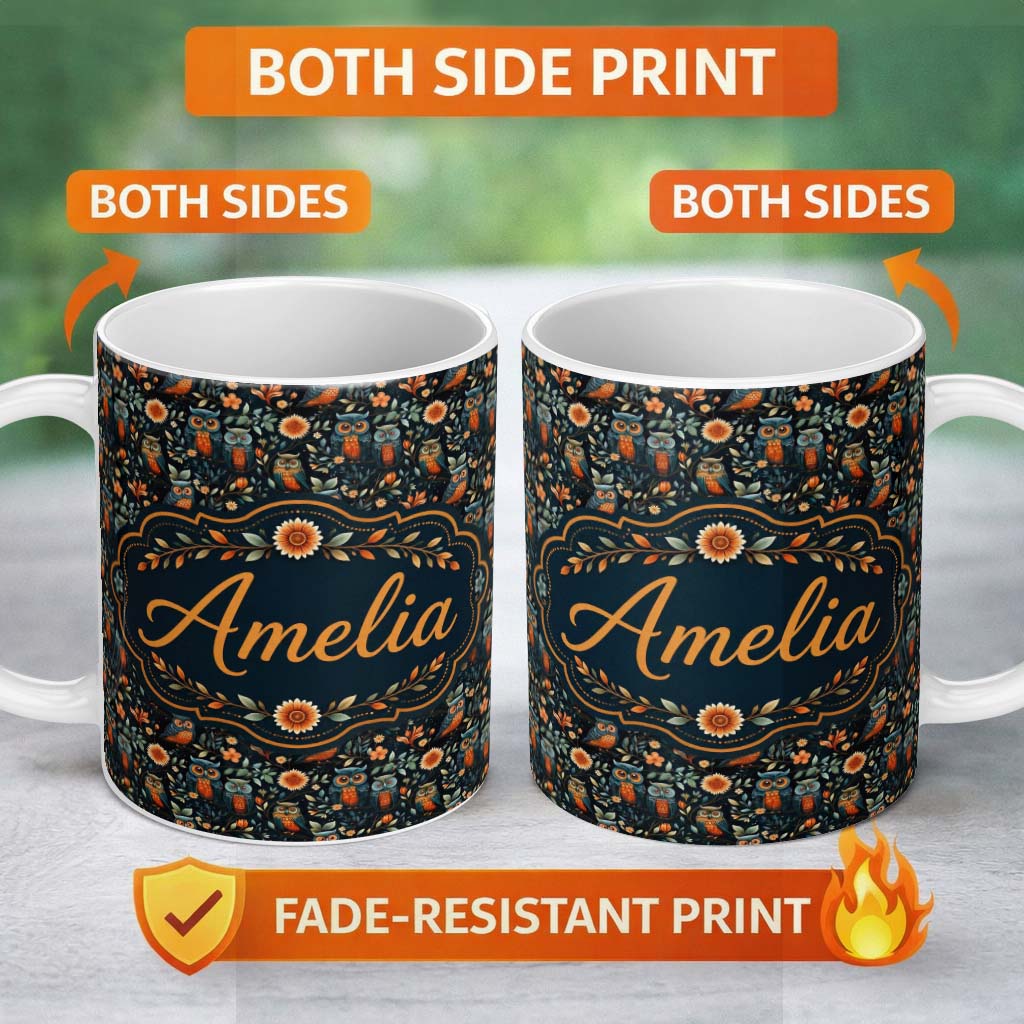 Personalized Custom Name Elegant Owl Birds with Orange Flowers Dark Botanical Seamless 11oz Ceramic Coffee Tea Mug White Large Handle