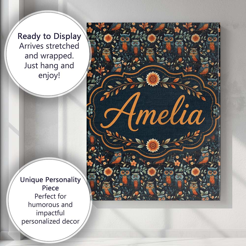 Personalised Name Elegant Owl Birds with Custom Interior Decorative Contemporary Canvas Wall Art Print Decor Picture Ready to Hang