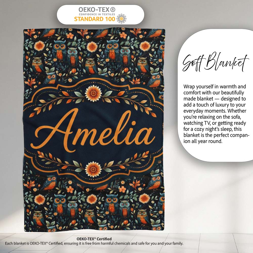 Elegant Owl Birds with Orange Flowers Dark Botanical Seamless Personalised Custom Name Super Soft Fleece Blanket Bed Sofa Throw