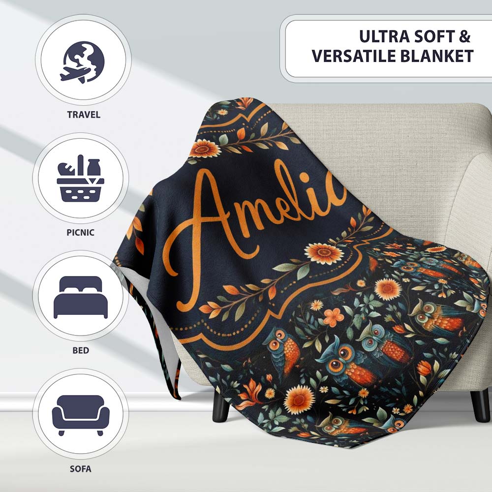 Elegant Owl Birds with Orange Flowers Dark Botanical Seamless Personalised Custom Name Super Soft Fleece Blanket Bed Sofa Throw