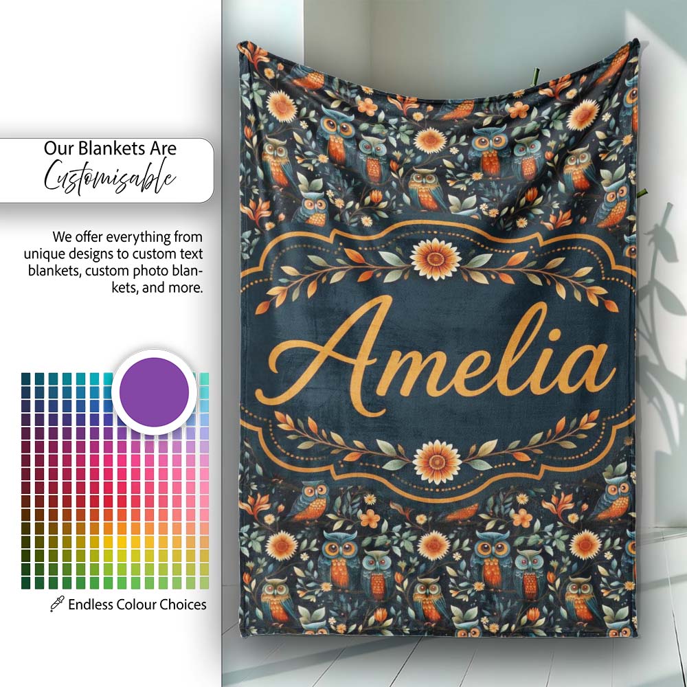 Elegant Owl Birds with Orange Flowers Dark Botanical Seamless Personalised Custom Name Super Soft Fleece Blanket Bed Sofa Throw
