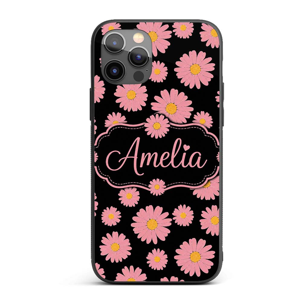 Pink Daisy Floral Seamless Pattern Printed Design Custom Name Protective Phone Case Mobile Cover Durable Everyday Smartphone Shock Resistant