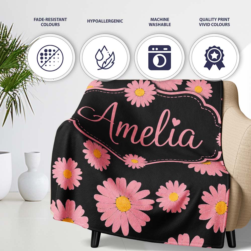 Pink Daisy Floral Seamless Pattern on Light Background Lovely Personalised Custom Name Super Soft Fleece Blanket Bed Sofa Throw