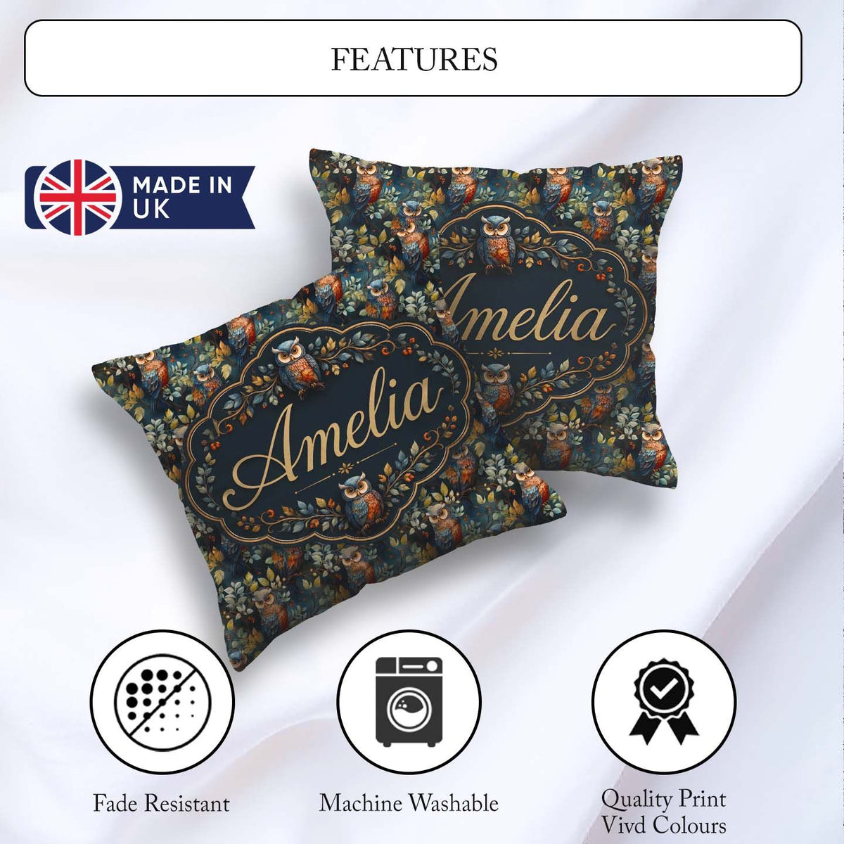 Custom Name Realistic Owl Birds on Branches with Leaves Seamless Square Filled Cushion Throw Pillow Sofa Bed Home Decor Zip Washable UK Made
