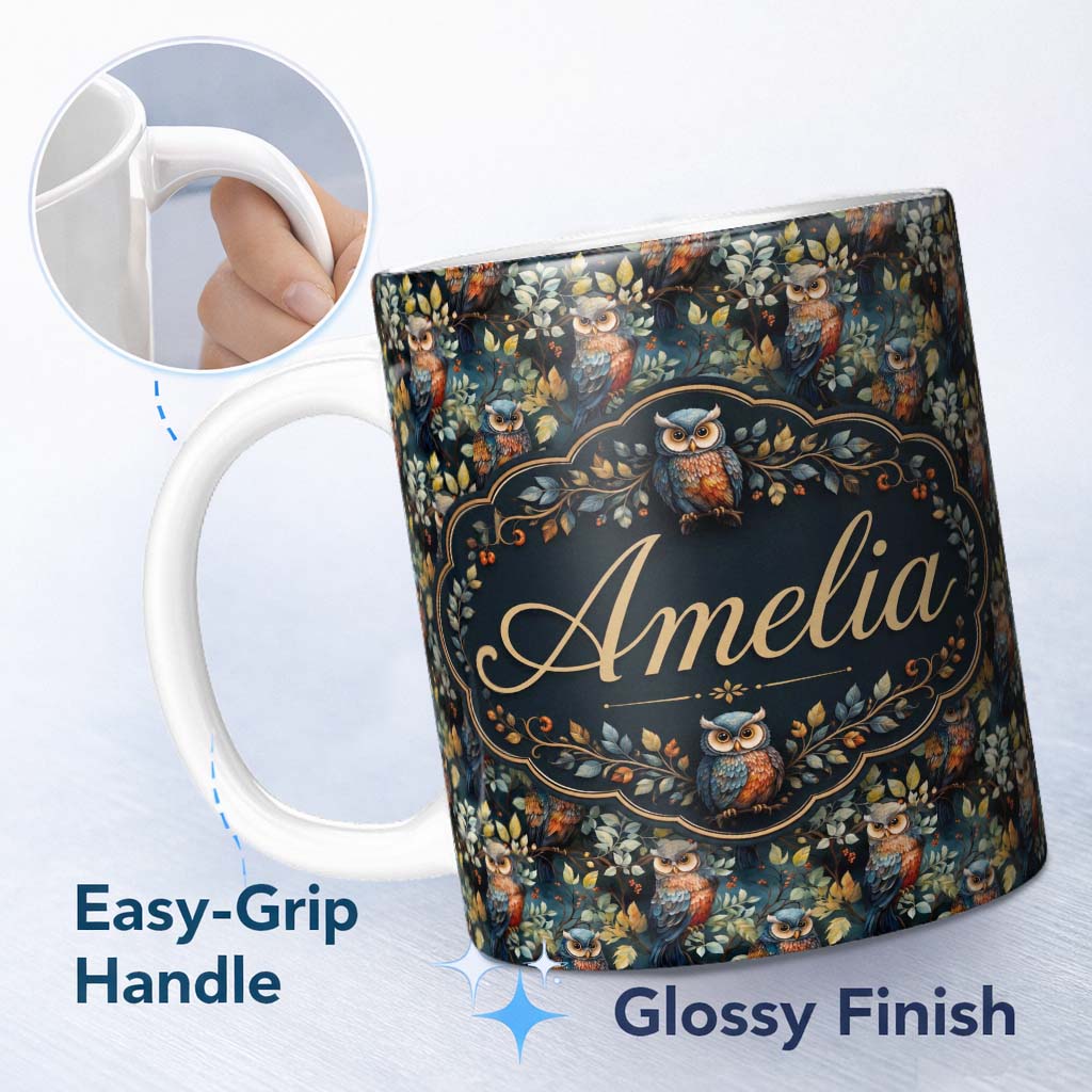 Personalized Custom Name Realistic Owl Birds Sitting on Branches with Leaves Seamless 11oz Ceramic Coffee Tea Mug White Large Handle
