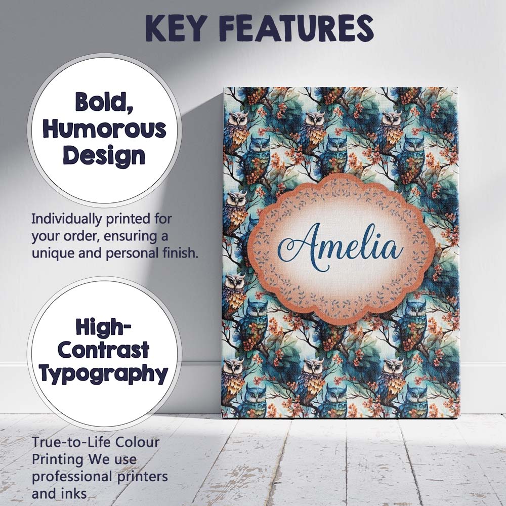 Personalised Name Artistic Owl Bird on Custom Modern Room Accent Elegant Feature Canvas Wall Art Print Decor Picture Ready to Hang