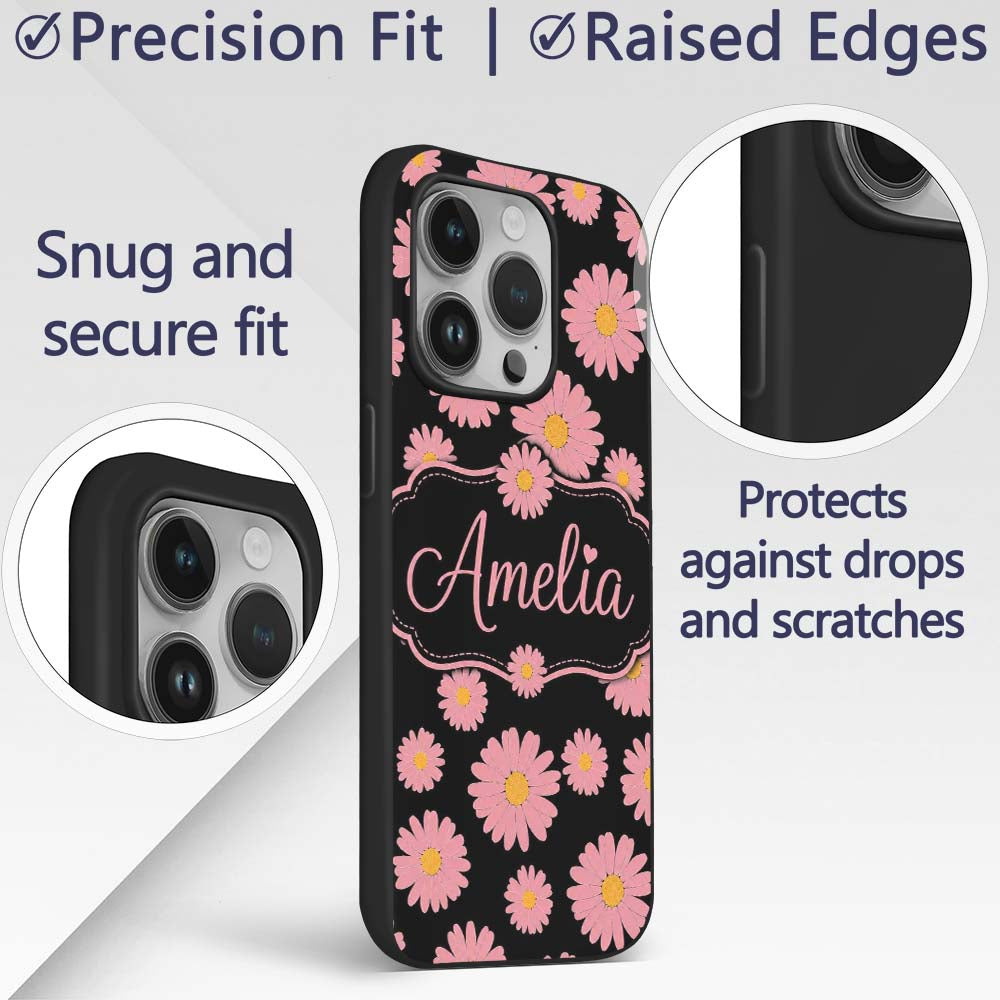 Pink Daisy Floral Seamless Pattern Printed Design Custom Name Protective Phone Case Mobile Cover Durable Everyday Smartphone Shock Resistant