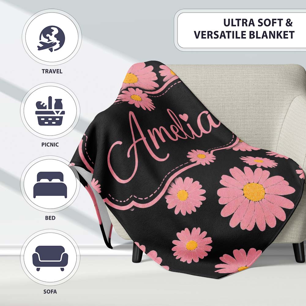 Pink Daisy Floral Seamless Pattern on Light Background Lovely Personalised Custom Name Super Soft Fleece Blanket Bed Sofa Throw
