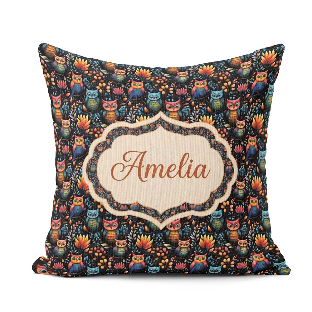 Custom Name Bright Cute Owl Birds with Colorful Night Background Square Filled Cushion Throw Pillow Sofa Bed Home Decor Zip Washable UK Made