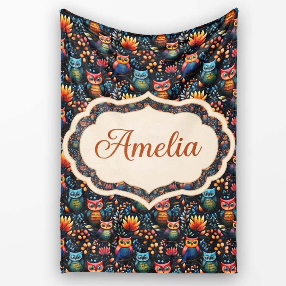 Bright Cute Owl Birds with Colorful Leaves Night Background Personalised Custom Name Super Soft Fleece Blanket Bed Sofa Throw