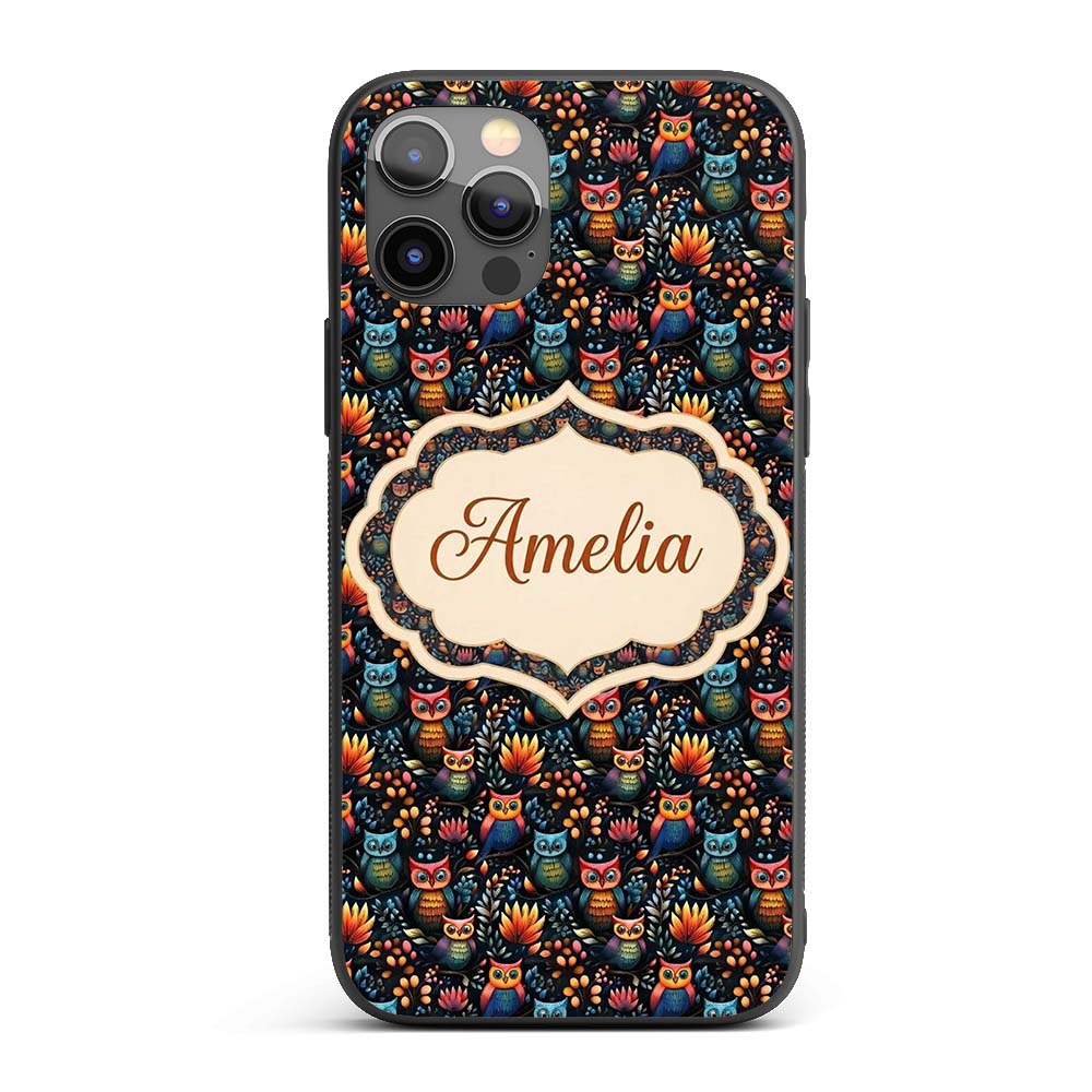 Bright Cute Owl Birds with Colorful Leaves Night Custom Name Protective Phone Case Mobile Cover Durable Everyday Smartphone Shock Resistant