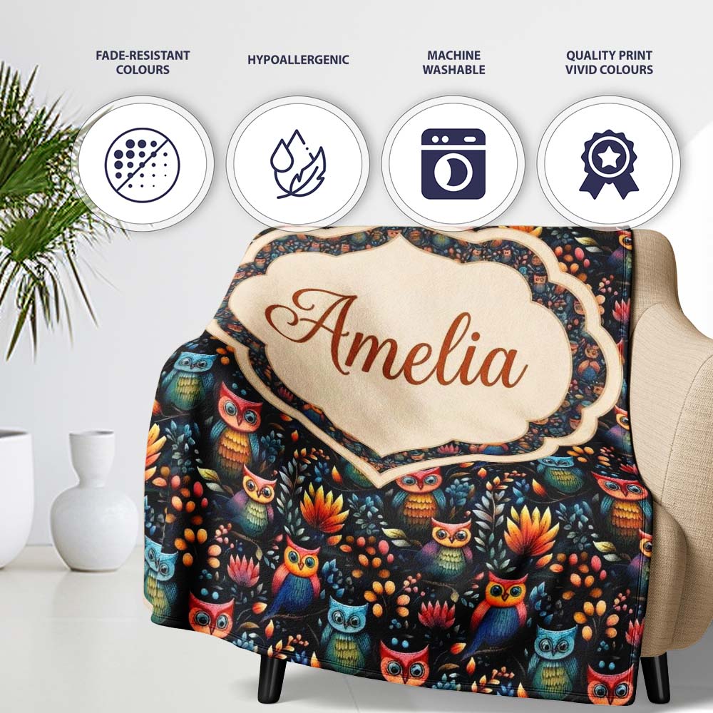 Bright Cute Owl Birds with Colorful Leaves Night Background Personalised Custom Name Super Soft Fleece Blanket Bed Sofa Throw