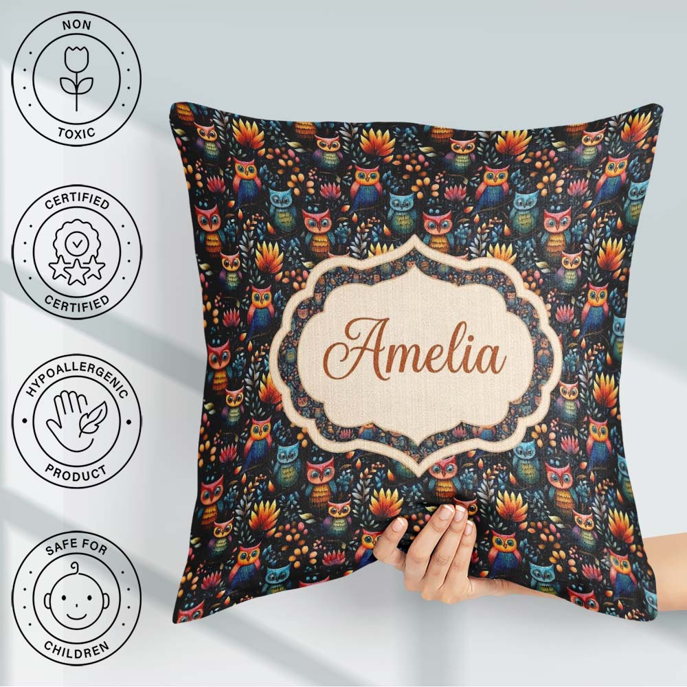 Custom Name Bright Cute Owl Birds with Colorful Night Background Square Filled Cushion Throw Pillow Sofa Bed Home Decor Zip Washable UK Made