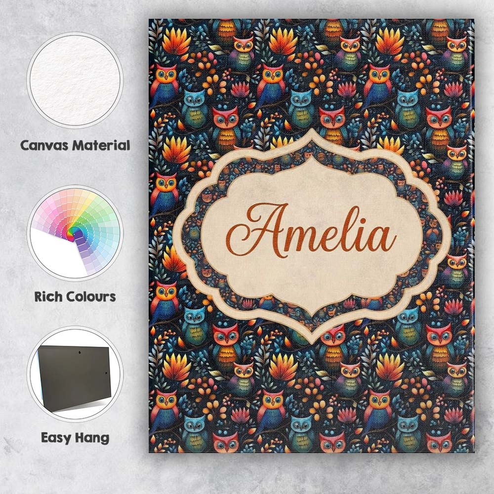 Personalised Name Bright Cute Owl Birds Custom Modern Room Accent Elegant Feature Canvas Wall Art Print Decor Picture Ready to Hang