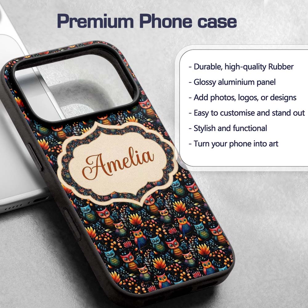 Bright Cute Owl Birds with Colorful Leaves Night Custom Name Protective Phone Case Mobile Cover Durable Everyday Smartphone Shock Resistant