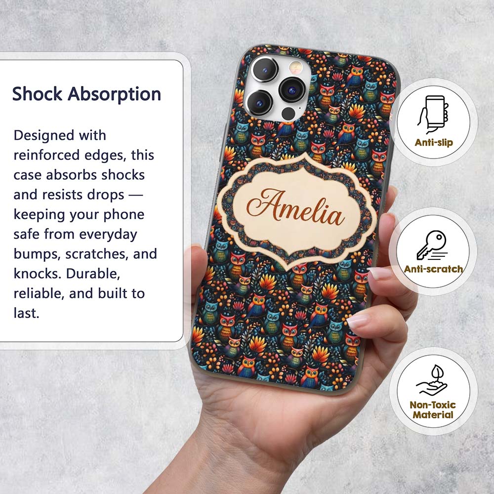 Bright Cute Owl Birds with Colorful Leaves Night Custom Name Protective Phone Case Mobile Cover Durable Everyday Smartphone Shock Resistant