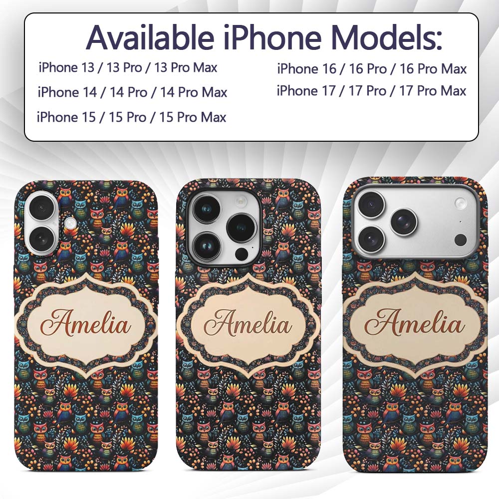 Bright Cute Owl Birds with Colorful Leaves Night Custom Name Protective Phone Case Mobile Cover Durable Everyday Smartphone Shock Resistant