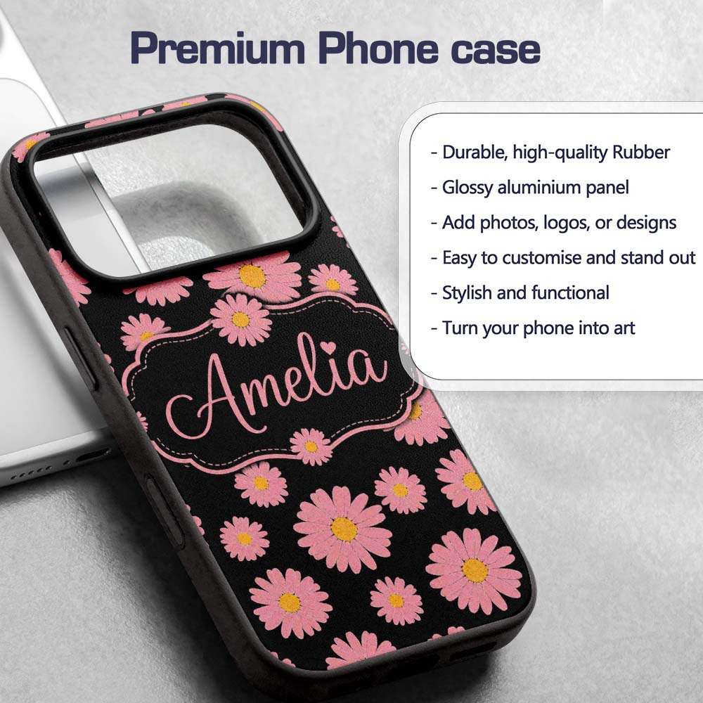 Pink Daisy Floral Seamless Pattern Printed Design Custom Name Protective Phone Case Mobile Cover Durable Everyday Smartphone Shock Resistant