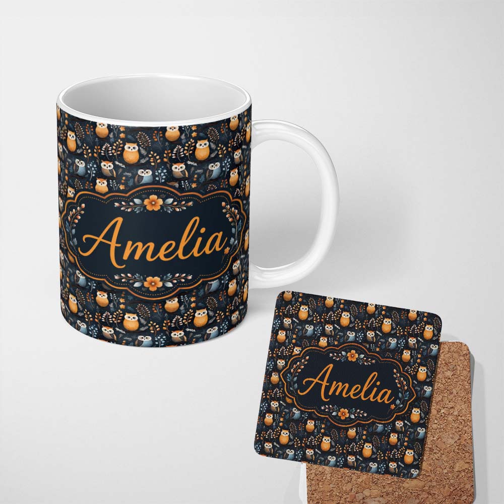 Personalized Custom Name Minimal Cute Owl Birds with Botanical Elements Dark Background 11oz Ceramic Coffee Tea Mug White Large Handle