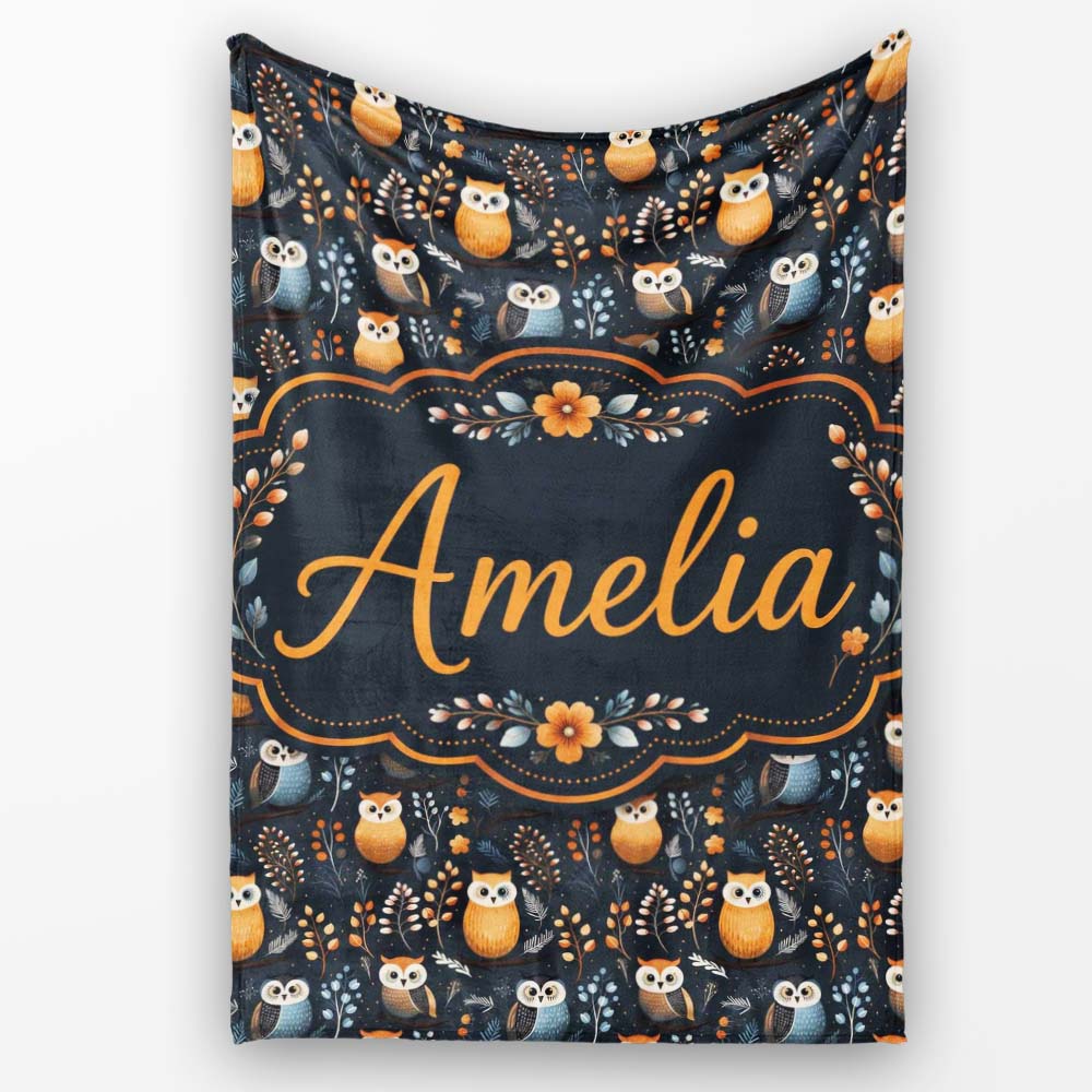 Minimal Cute Owl Birds with Botanical Elements Dark Background Personalised Custom Name Super Soft Fleece Blanket Bed Sofa Throw