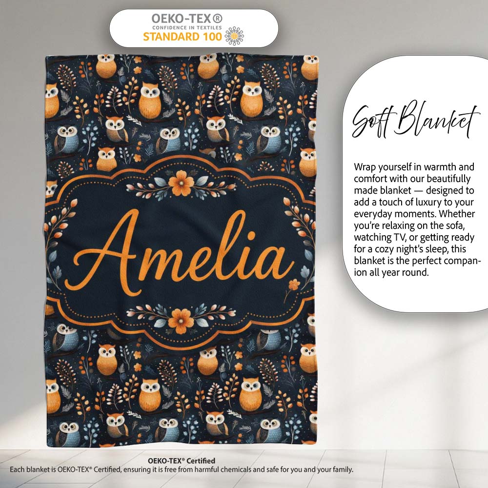 Minimal Cute Owl Birds with Botanical Elements Dark Background Personalised Custom Name Super Soft Fleece Blanket Bed Sofa Throw