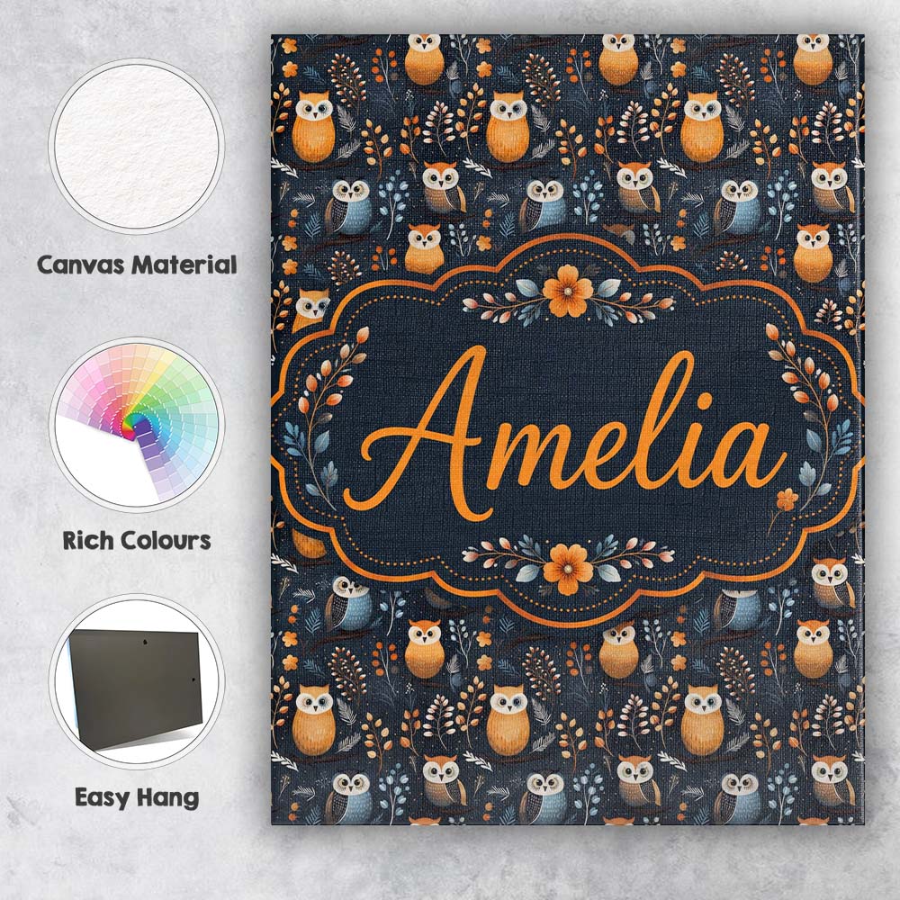 Personalised Name Minimal Cute Owl Birds Custom Unique Gift Idea Elegant Feature Canvas Wall Art Print Decor Picture Ready to Hang