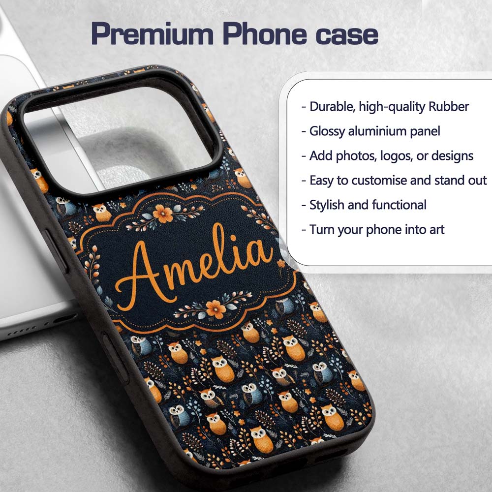 Minimal Cute Owl Birds with Botanical Elements Custom Name Protective Phone Case Mobile Cover Durable Everyday Smartphone Shock Resistant