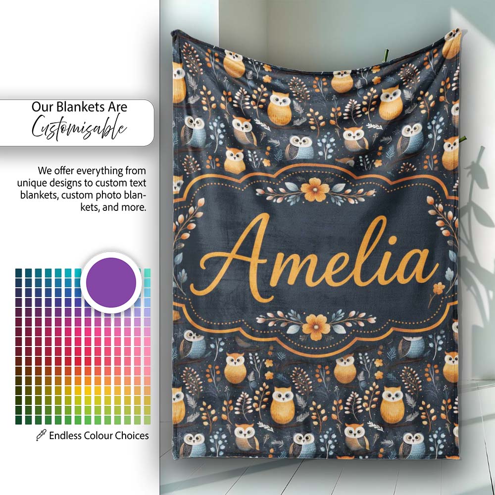 Minimal Cute Owl Birds with Botanical Elements Dark Background Personalised Custom Name Super Soft Fleece Blanket Bed Sofa Throw