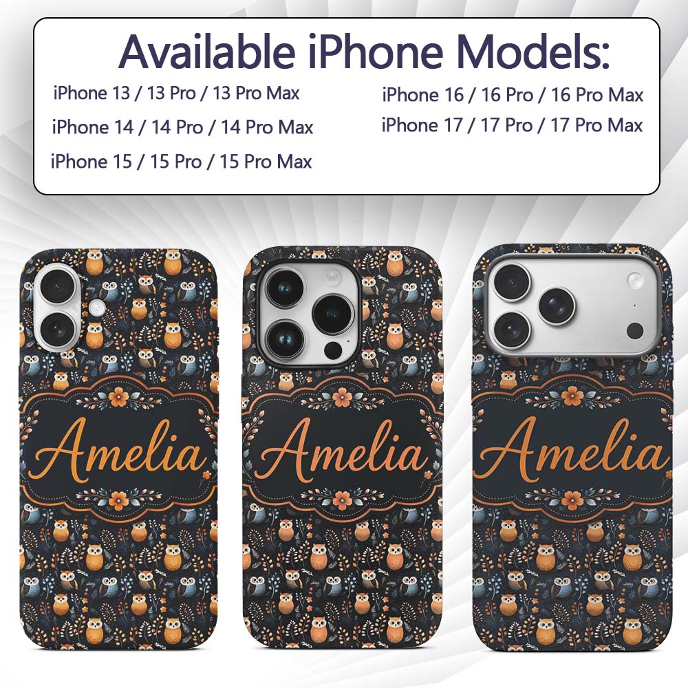Minimal Cute Owl Birds with Botanical Elements Custom Name Protective Phone Case Mobile Cover Durable Everyday Smartphone Shock Resistant