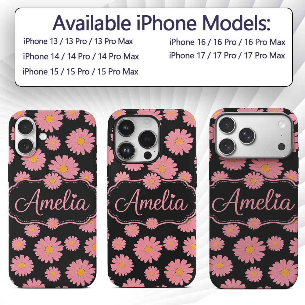 Pink Daisy Floral Seamless Pattern Printed Design Custom Name Protective Phone Case Mobile Cover Durable Everyday Smartphone Shock Resistant