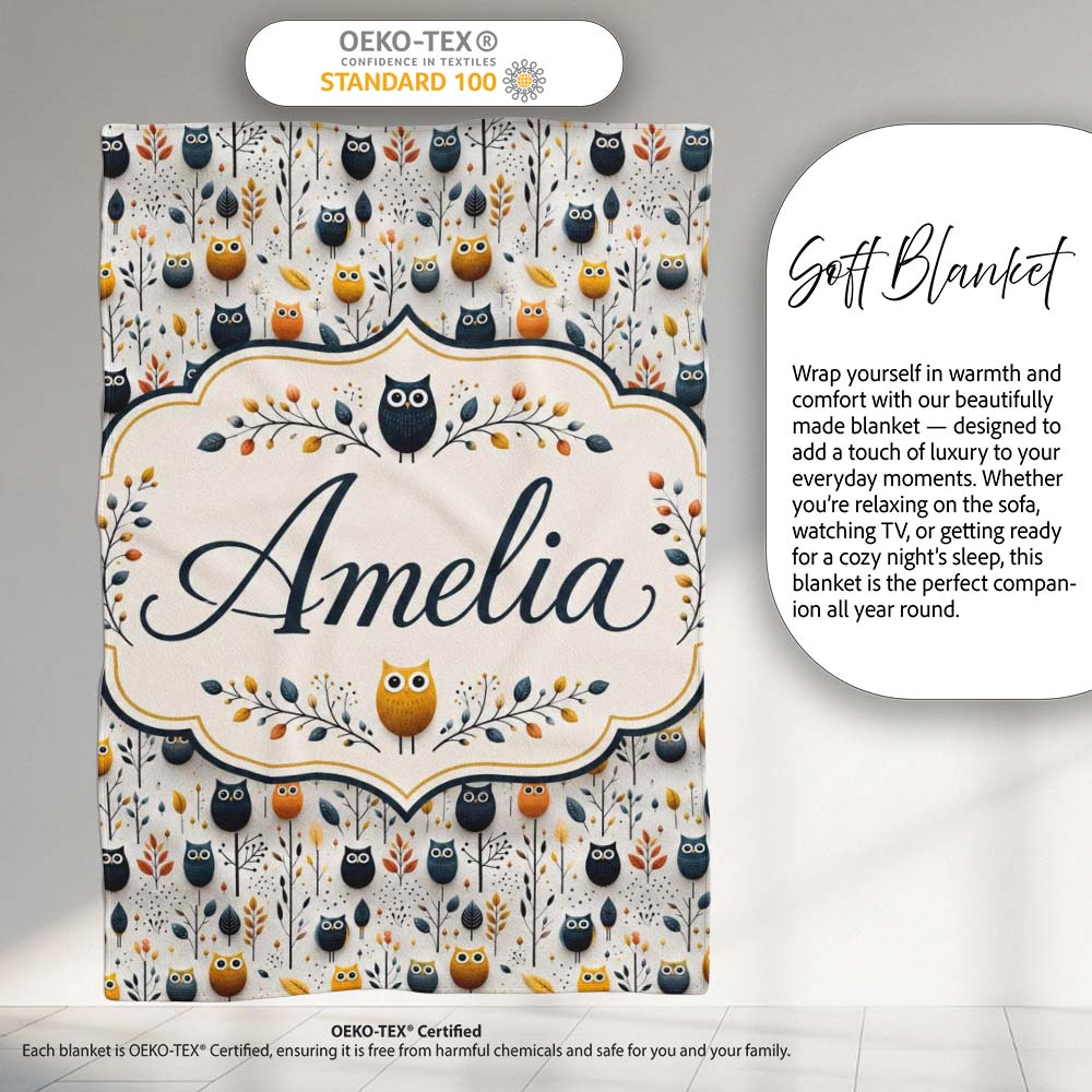 Simple Cute Owl Birds with Autumn Leaves Light Background Seamless Personalised Custom Name Super Soft Fleece Blanket Bed Sofa Throw