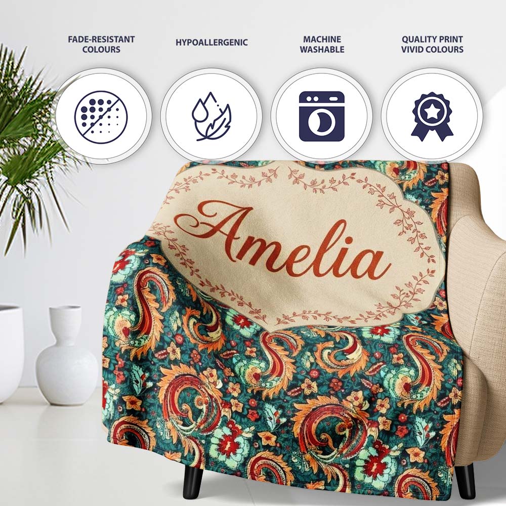 Vintage Paisley Floral Pattern with Teal Background Seamless Name Personalised Custom Name Super Soft Fleece Blanket Bed Sofa Throw
