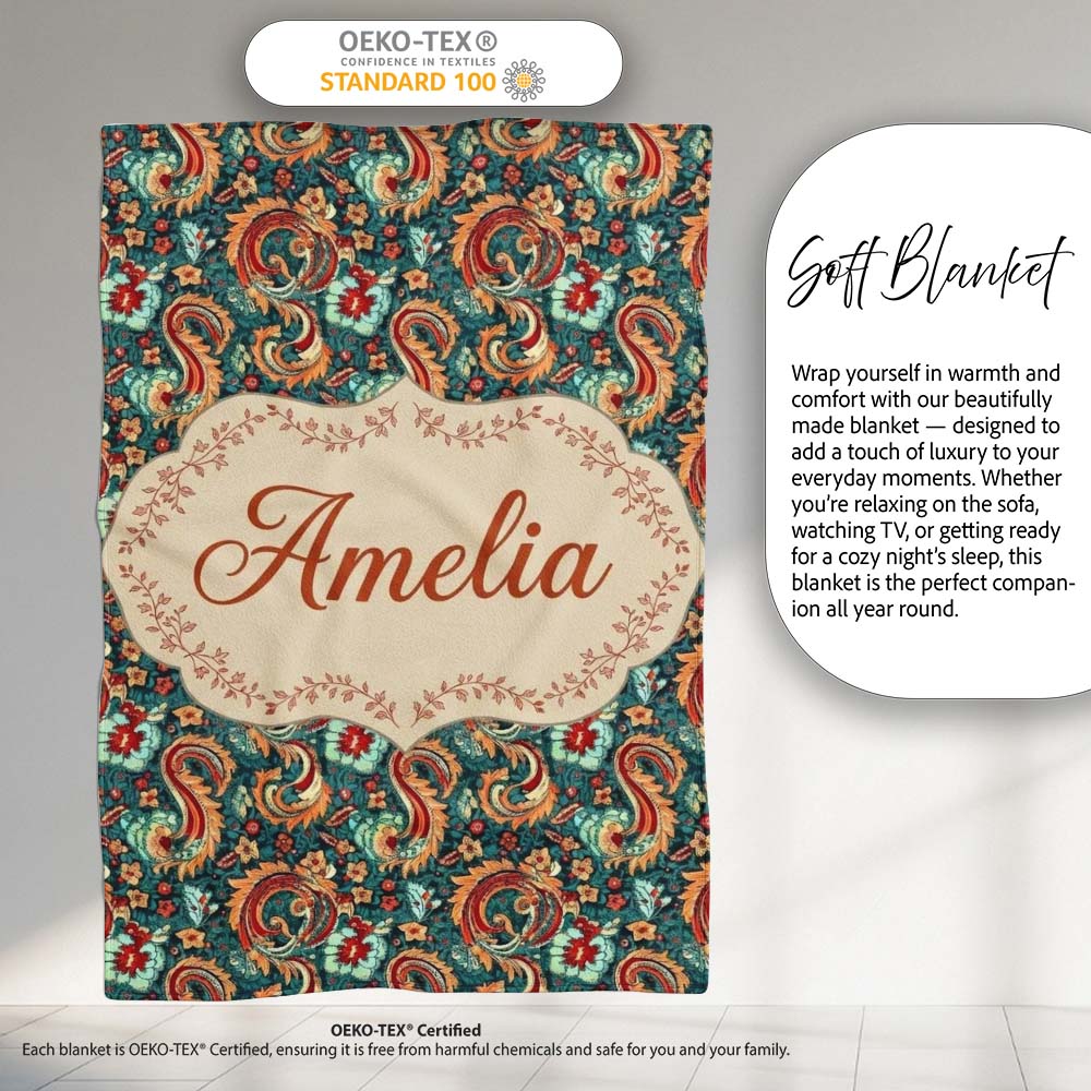 Vintage Paisley Floral Pattern with Teal Background Seamless Name Personalised Custom Name Super Soft Fleece Blanket Bed Sofa Throw