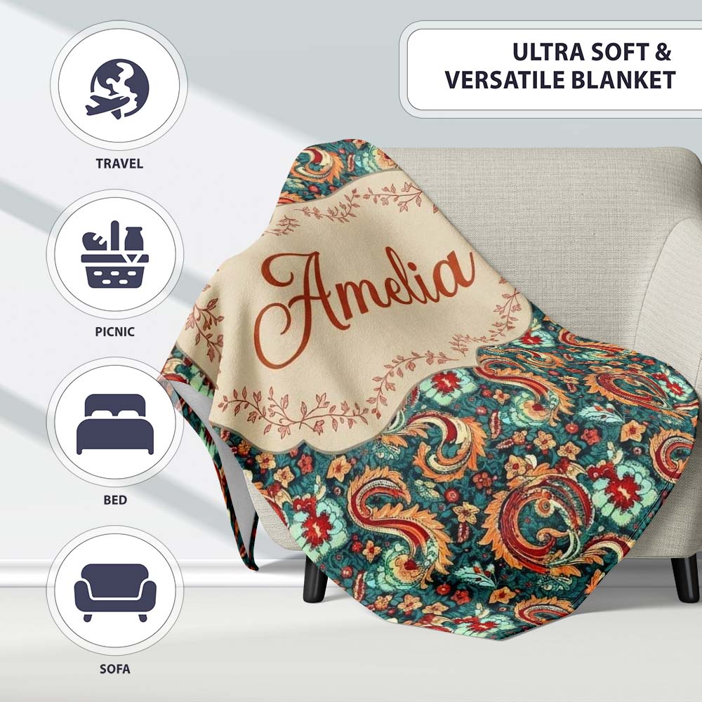 Vintage Paisley Floral Pattern with Teal Background Seamless Name Personalised Custom Name Super Soft Fleece Blanket Bed Sofa Throw