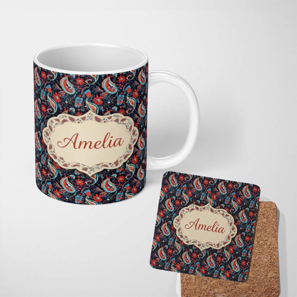 Personalized Custom Name Bold Paisley Floral Pattern with Dark Blue Background Seamless Name 11oz Ceramic Coffee Tea Mug White Large Handle