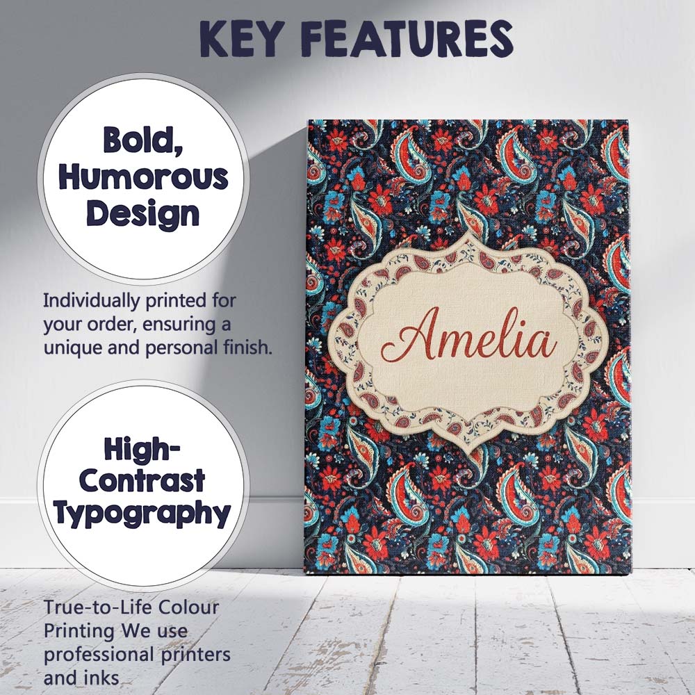 Personalised Name Bold Paisley Floral Custom Modern Room Accent Creative Decorator Style Canvas Wall Art Print Decor Picture Ready to Hang