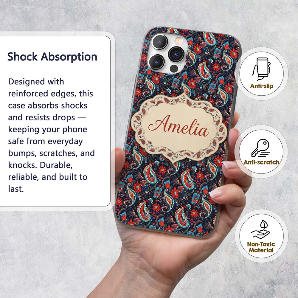 Bold Paisley Floral Pattern with Printed Design Custom Name Protective Phone Case Mobile Cover Durable Everyday Smartphone Shock Resistant