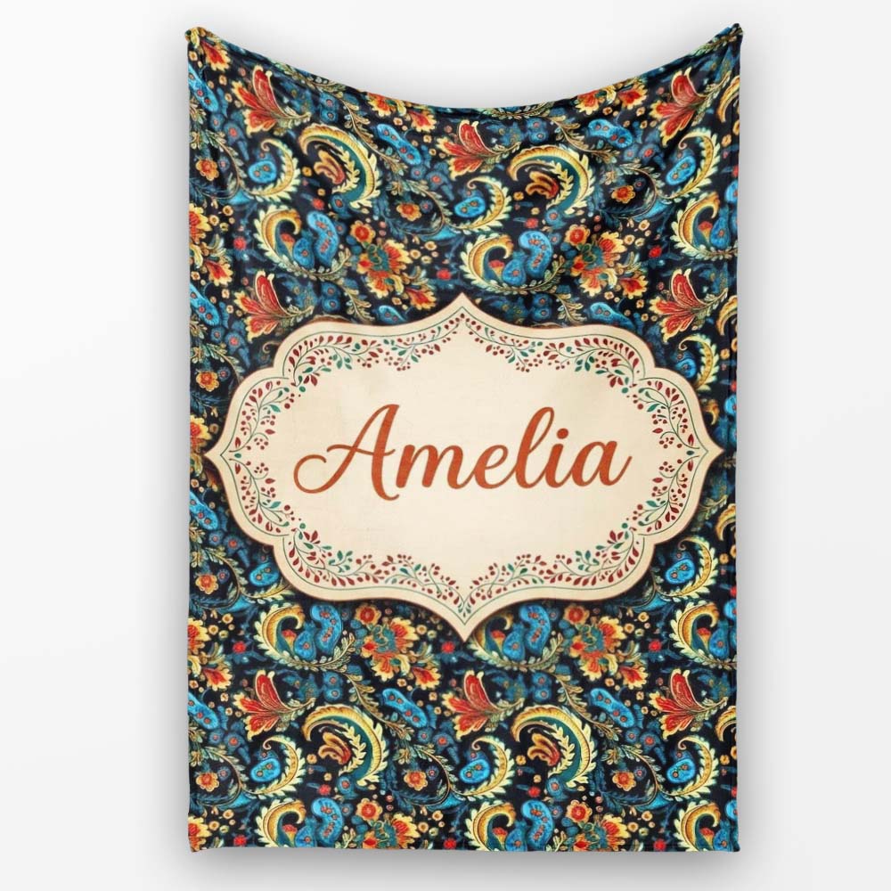 Ornate Paisley Floral Pattern with Navy Background Seamless Name Personalised Custom Name Super Soft Fleece Blanket Bed Sofa Throw