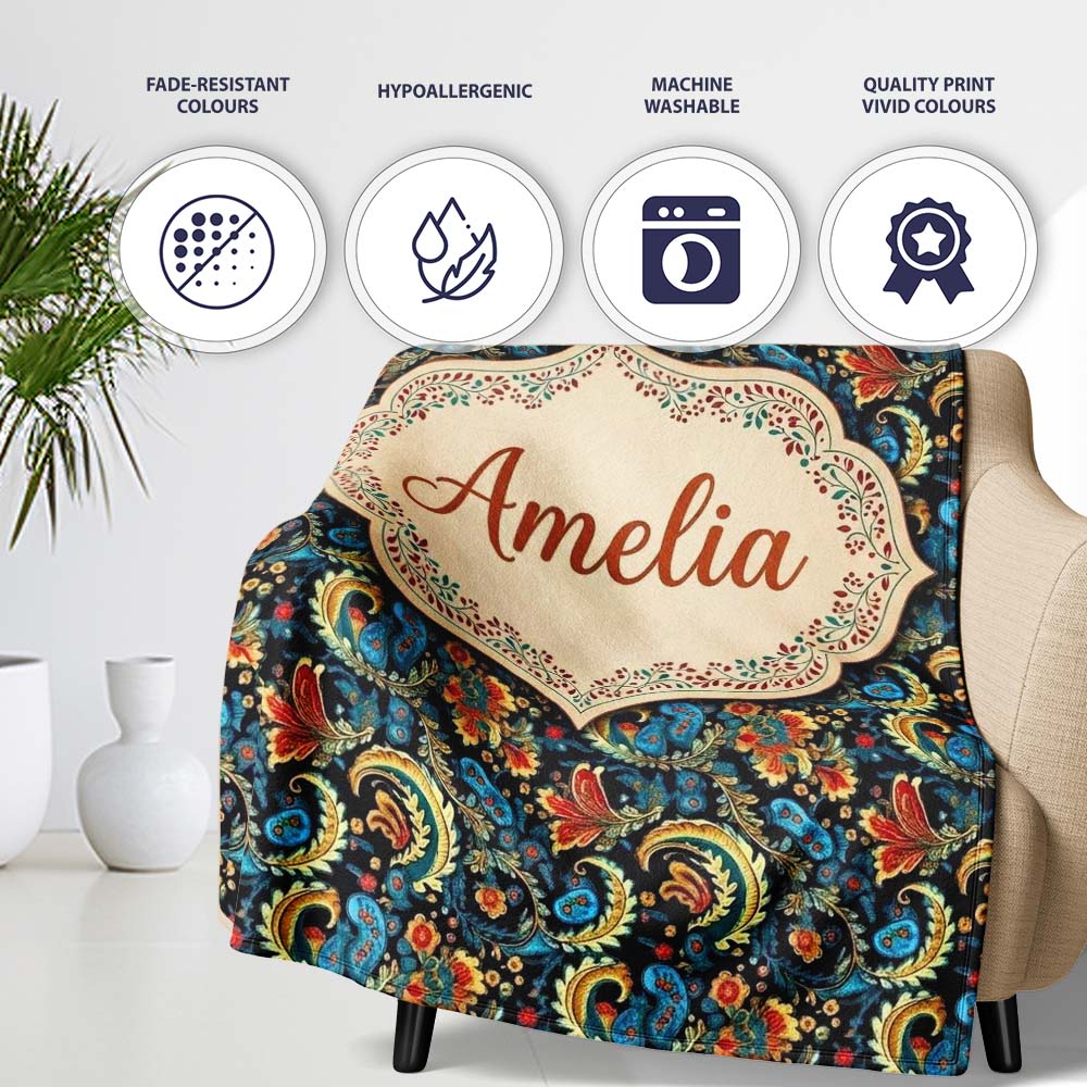 Ornate Paisley Floral Pattern with Navy Background Seamless Name Personalised Custom Name Super Soft Fleece Blanket Bed Sofa Throw