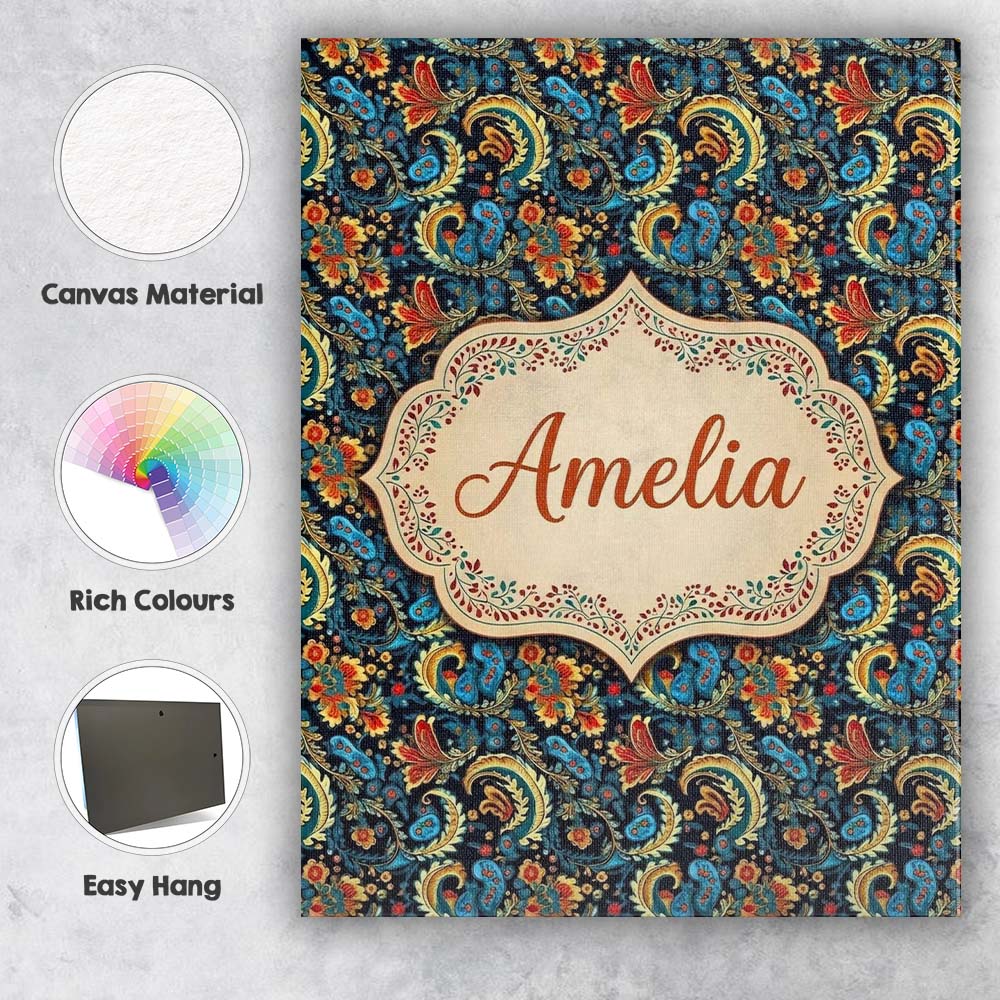 Personalised Name Ornate Paisley Floral Custom Modern Room Accent Elegant Feature Canvas Wall Art Print Decor Picture Ready to Hang