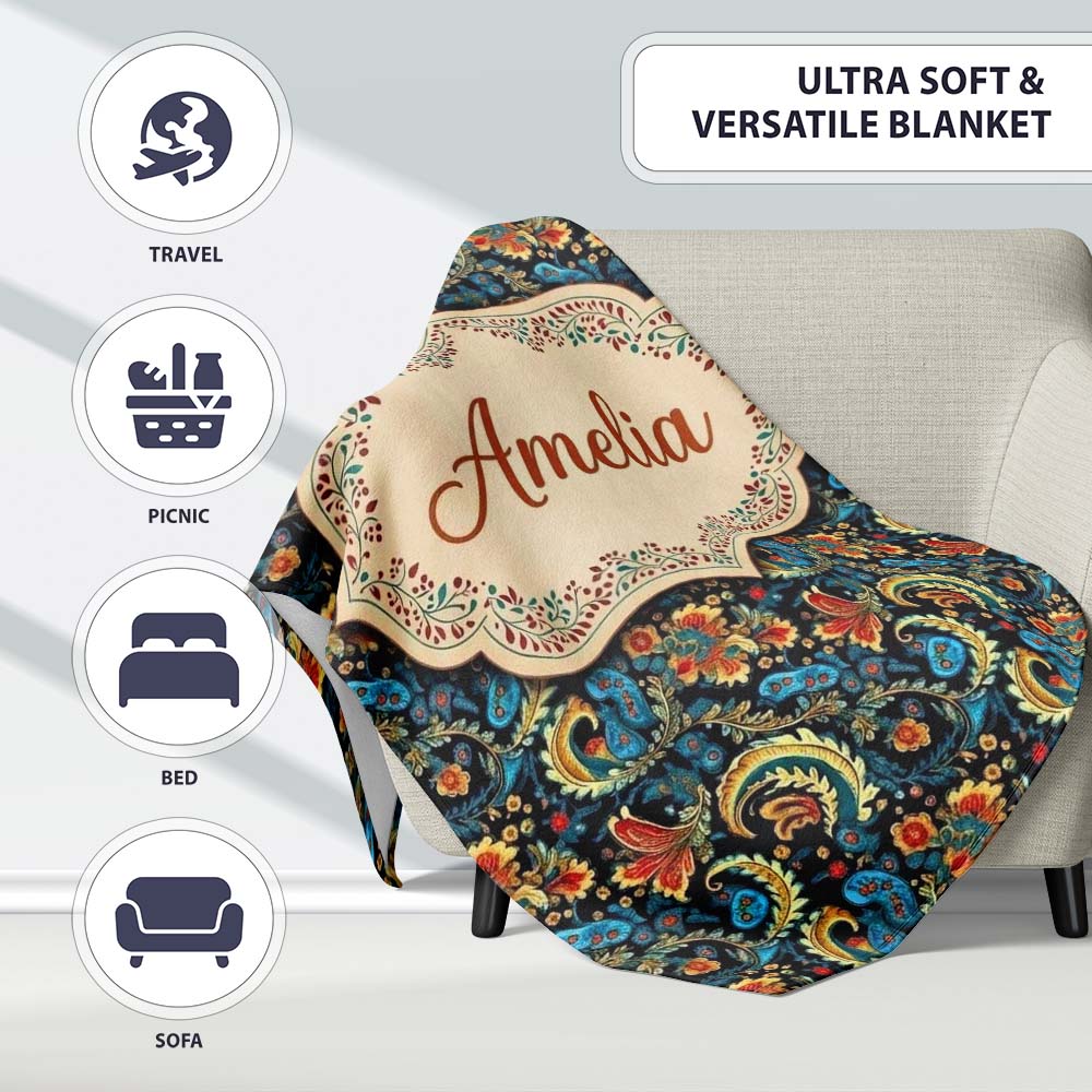Ornate Paisley Floral Pattern with Navy Background Seamless Name Personalised Custom Name Super Soft Fleece Blanket Bed Sofa Throw