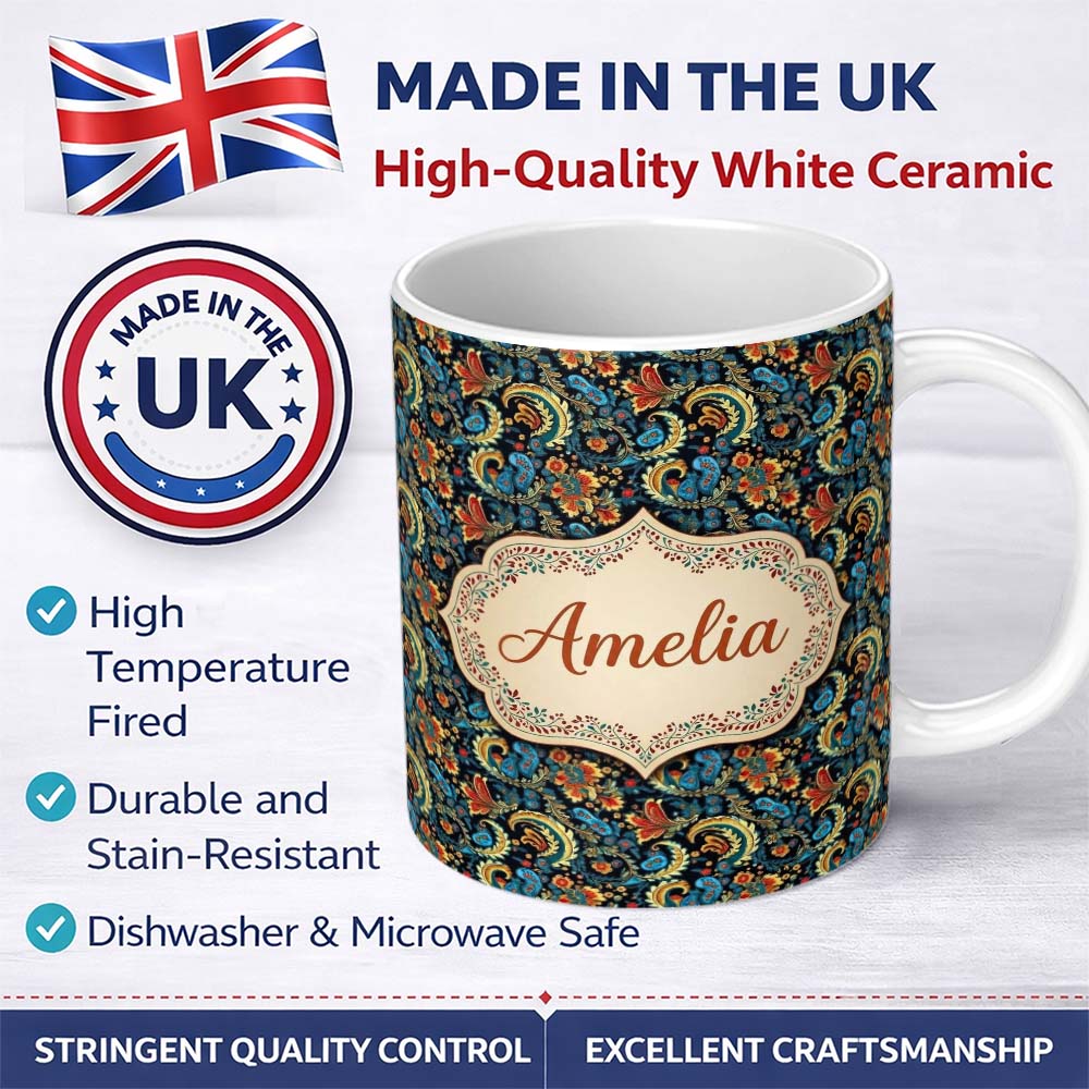 Personalized Custom Name Ornate Paisley Floral Pattern with Navy Background Seamless Name 11oz Ceramic Coffee Tea Mug White Large Handle
