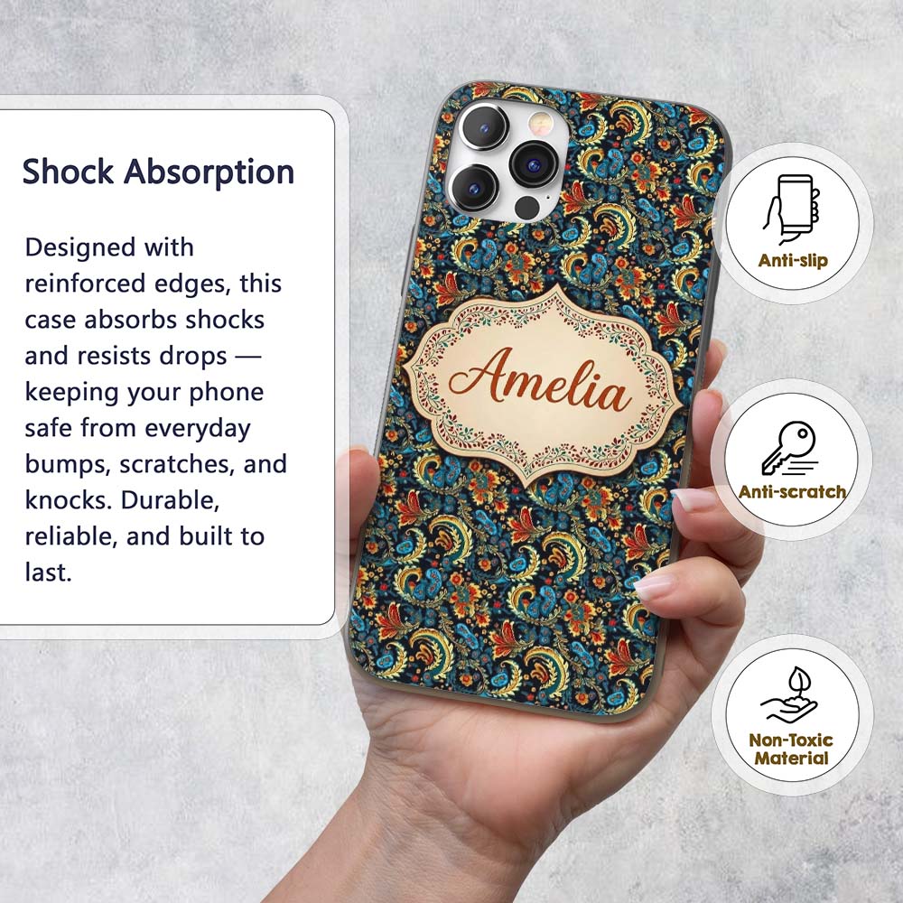 Ornate Paisley Floral Pattern with Printed Design Custom Name Protective Phone Case Mobile Cover Durable Everyday Smartphone Shock Resistant