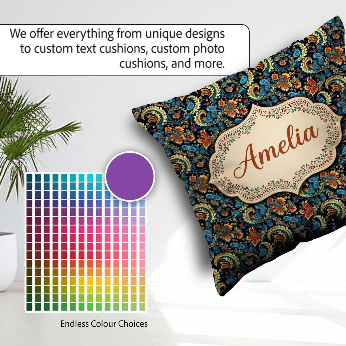 Custom Name Ornate Paisley Pattern with Navy Background Seamless Square Filled Cushion Throw Pillow Sofa Bed Home Decor Zip Washable UK Made