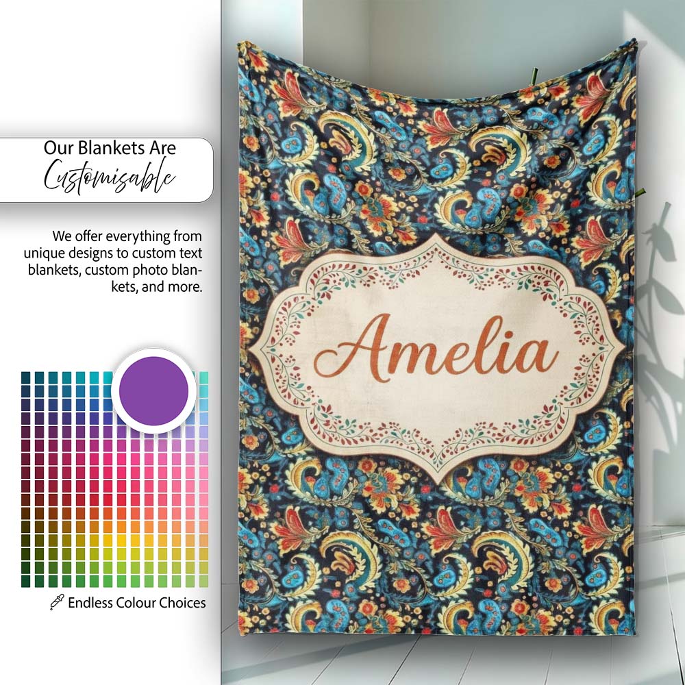 Ornate Paisley Floral Pattern with Navy Background Seamless Name Personalised Custom Name Super Soft Fleece Blanket Bed Sofa Throw