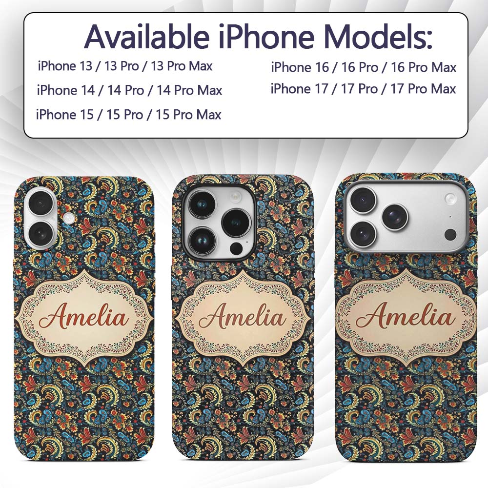 Ornate Paisley Floral Pattern with Printed Design Custom Name Protective Phone Case Mobile Cover Durable Everyday Smartphone Shock Resistant