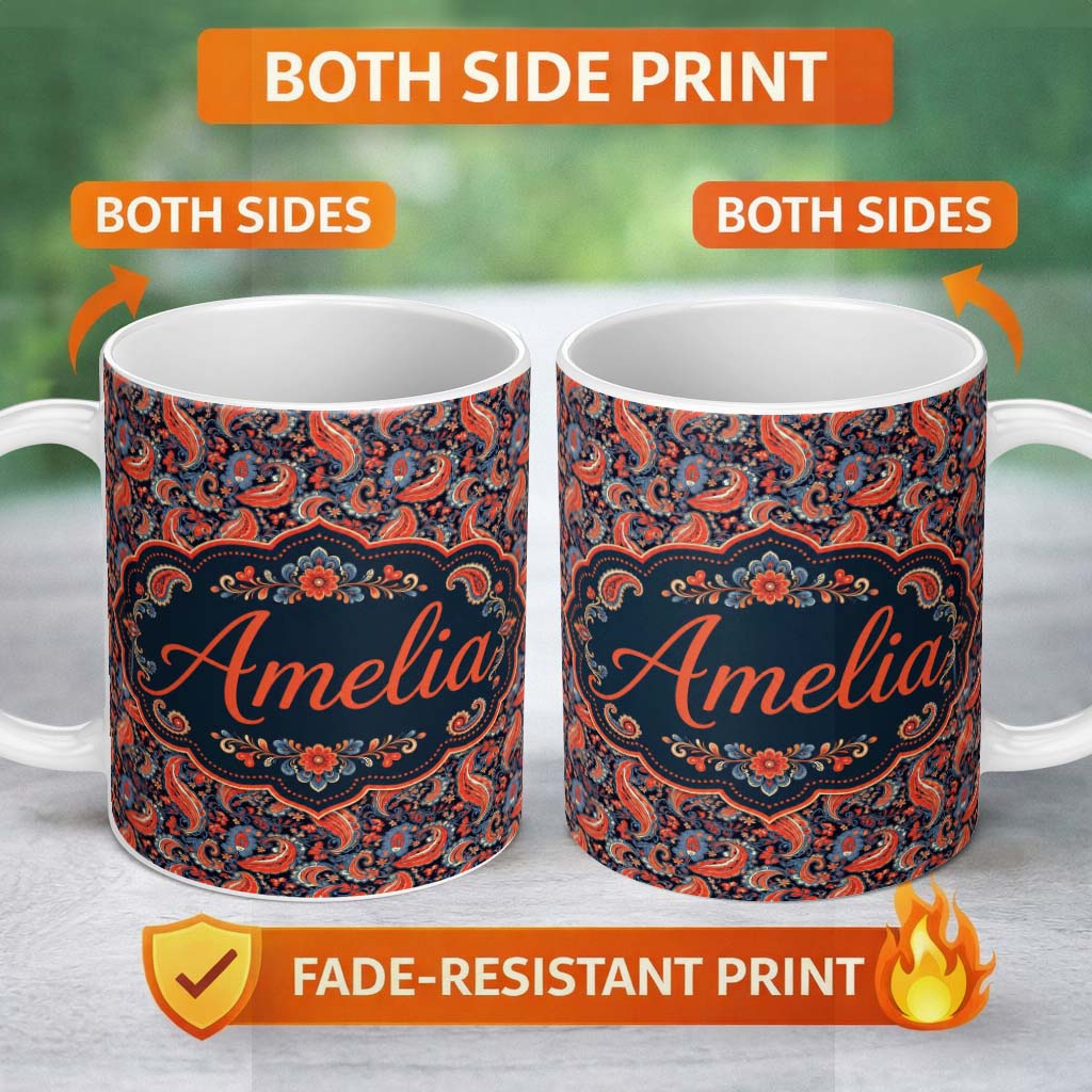 Personalized Custom Name Classic Paisley Floral Pattern with Red and Blue Tones Seamless 11oz Ceramic Coffee Tea Mug White Large Handle