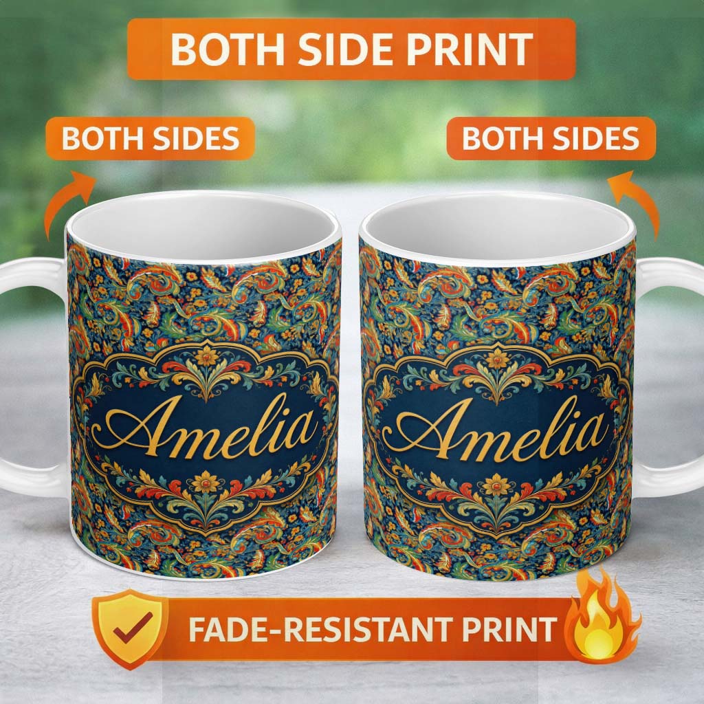 Personalized Custom Name Vibrant Paisley Floral Swirl Pattern Rich Ornamental Design Name 11oz Ceramic Coffee Tea Mug White Large Handle