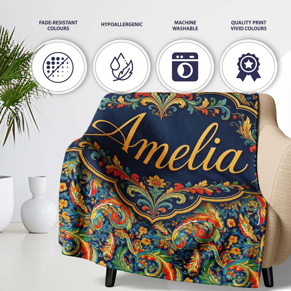 Vibrant Paisley Floral Swirl Pattern Rich Ornamental Design Name Personalised Custom Name Super Soft Fleece Blanket Bed Sofa Throw