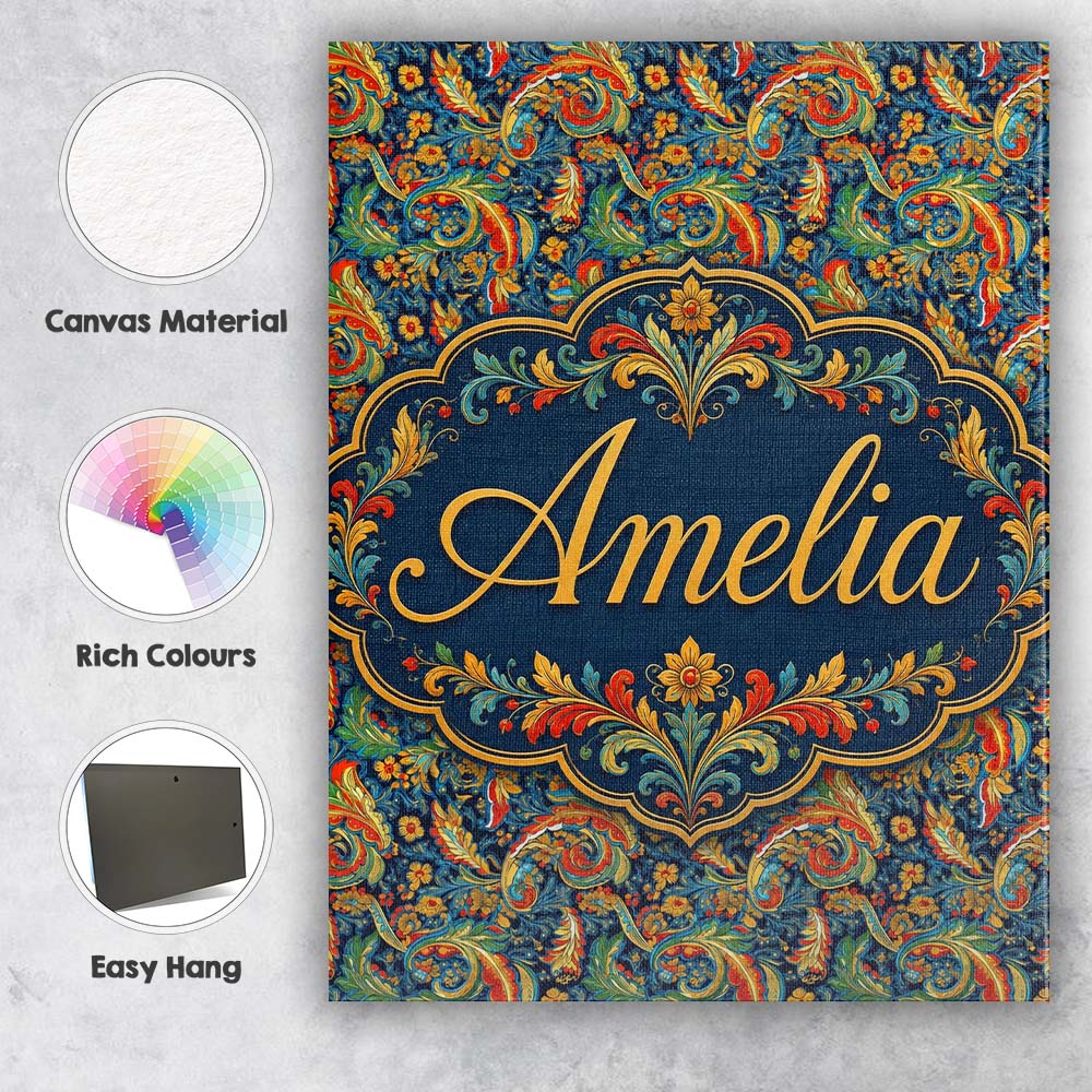 Personalised Name Vibrant Paisley Floral Custom Unique Gift Idea Elegant Feature Canvas Wall Art Print Decor Picture Ready to Hang